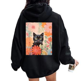 Black Cat And Flowers Cat Lover Cat Floral Cat Women Oversized Hoodie Back Print | Mazezy