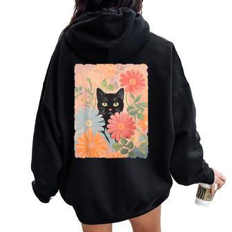 Black Cat And Flowers Cat Lover Cat Floral Cat Women Oversized Hoodie Back Print - Seseable