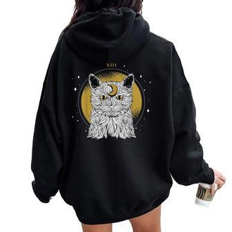 Boho Mystical Feathers Cat Moon Phases Cats Lovers Women Oversized Hoodie Back Print - Monsterry UK