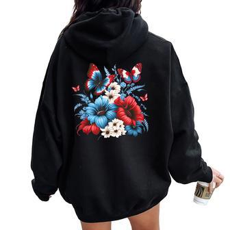 Butterfly Flowers Red White And Blue 4Th Of July Patriotic Women Oversized Hoodie Back Print - Monsterry UK