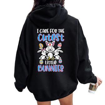 Care For Cutest Little Bunnies Easter Nurse Scrub Top Women Women Oversized Hoodie Back Print - Thegiftio UK