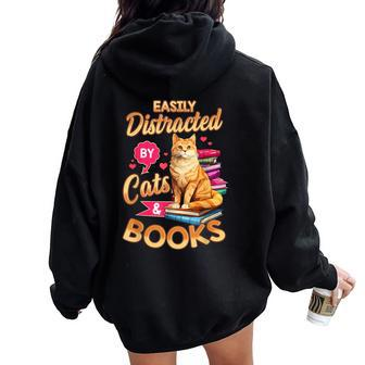 Cat For Book Lover Cats And Books Women Oversized Hoodie Back Print - Seseable