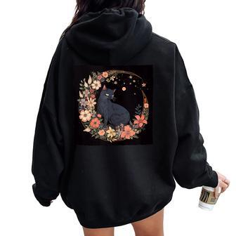 Cat Moon Floral Flowers Graphic Women Oversized Hoodie Back Print - Monsterry UK