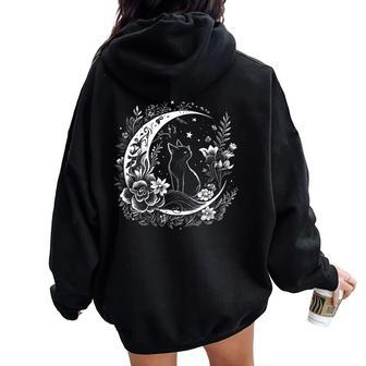 Cat Sitting On Crescent Moon Flowers Stars Drawing Women Women Oversized Hoodie Back Print - Monsterry
