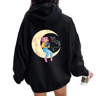 Celestial Cat And Girl Reading Book Read Moon Women Oversized Hoodie Back Print - Monsterry