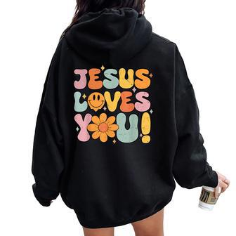 Christian Jesus Loves You Groovy Vintage Cute Kid Girl Women Women Oversized Hoodie Back Print | Mazezy DE
