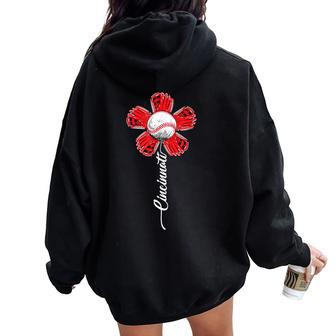 Cincinnati Baseball Flower I Love Cincinnati Baseball Spirit Women Oversized Hoodie Back Print - Seseable