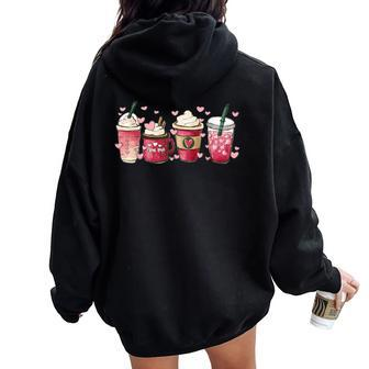 Coffee Cups Retro Groovy Hearts Loving Latte Valentine's Day Women Oversized Hoodie Back Print - Monsterry
