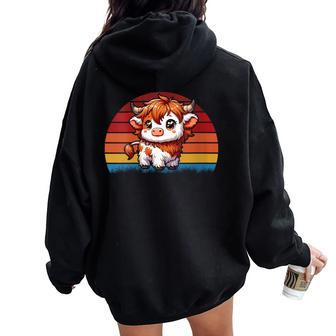 Cute Baby Highland Cow With Vintage Sunset Animal Cow Women Women Oversized Hoodie Back Print - Monsterry