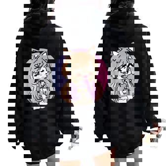 Cute Chibi Style Kawaii Anime Kitty Girl Chan With Cat Ears Women Oversized Hoodie Back Print - Seseable