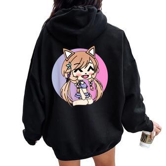 Cute Chibi Style Kawaii Anime Kitty Girl Chan With Cat Ears Women Oversized Hoodie Back Print - Seseable