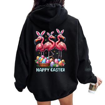 Cute Flamingo With Easter Bunny Egg Basket Happy Easter Women Oversized Hoodie Back Print - Seseable