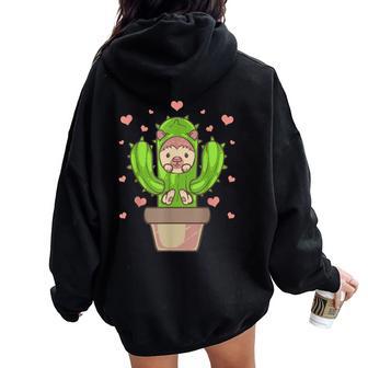 Cute Hedgehog Cactus Pun Women Oversized Hoodie Back Print - Thegiftio UK
