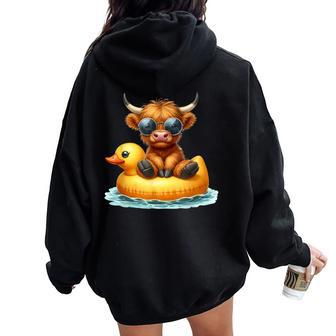Cute Highland Cow Duck Pool Float Summer Vibes Swimming Women Oversized Hoodie Back Print - Seseable