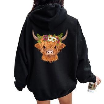 Cute Scottish Highland Cow Flower Head Cattle Calf Women Oversized Hoodie Back Print - Thegiftio UK