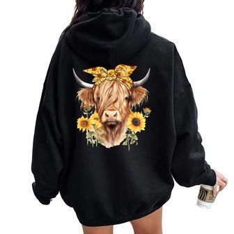 Cute Scottish Highland Cow Wearing Sunflower Bandana Heifer Women Oversized Hoodie Back Print - Monsterry DE