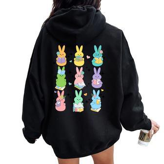 Cute Teacher Bunny Reading Book Outfit Happy Easter Teacher Women Oversized Hoodie Back Print | Mazezy CA
