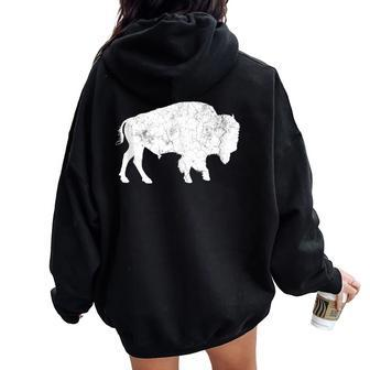 Distressed Buffalo Retro Bison Animal Lover Dad Women Oversized Hoodie Back Print - Monsterry DE