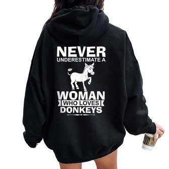 Donkey Lover Never Underestimate A Woman Who Women Oversized Hoodie Back Print - Thegiftio UK