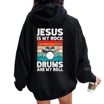 Drummer Jesus Drumming Drums Percussion Faith Christian Women Oversized Hoodie Back Print - Monsterry