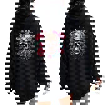 Eternal Harmony Enchanting Cool Skull And Floral Pink Roses Women Oversized Hoodie Back Print - Thegiftio
