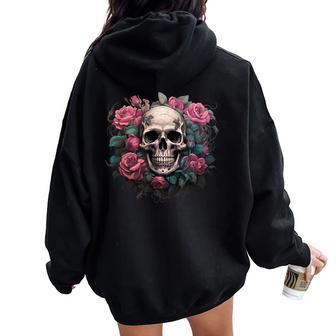 Eternal Harmony Enchanting Cool Skull And Floral Pink Roses Women Oversized Hoodie Back Print - Thegiftio UK