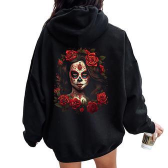 Floral Mexican Beauty Day Of The Dead Dia De Muertos Woman Women Oversized Hoodie Back Print - Thegiftio UK