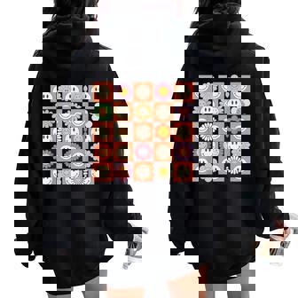 Checkered Happy Smiling Smile Face Daisy Flower Girl Women Oversized Hoodie Back Print - Thegiftio