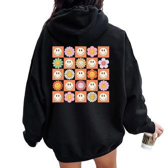 Checkered Happy Smiling Smile Face Daisy Flower Girl Women Oversized Hoodie Back Print - Thegiftio UK