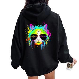 Kitty Colorful Rainbow Rave Music Dj Cat Women Oversized Hoodie Back Print - Thegiftio UK