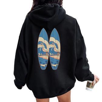 Vintage Surfboard Beach Surfer Boy Girl Surfing Women Oversized Hoodie Back Print - Monsterry