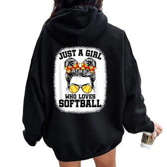 Girls Softball Fan Player Messy Bun Softball Lover Women Oversized Hoodie Back Print - Seseable