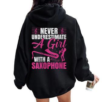Girls Never Underestimate A Girl With A Saxophone Women Oversized Hoodie Back Print - Thegiftio UK