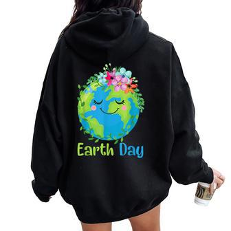Happy Earth Day 2024 Cute Earth With Floral Earth Day Women Oversized Hoodie Back Print | Mazezy