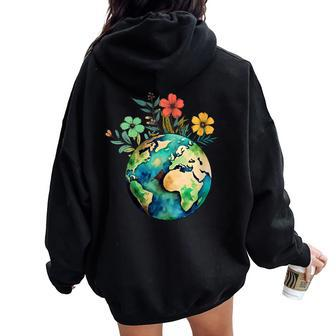Happy Earth Day Cute Earth With Floral Earth Day 2024 Women Oversized Hoodie Back Print | Mazezy