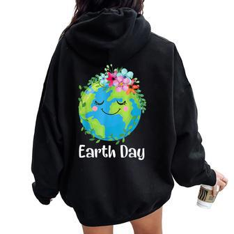 Happy Earth Day Cute Earth With Floral Earth Day 2024 Women Oversized Hoodie Back Print - Seseable