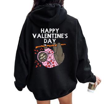 Happy Valentines Day Sloth Hearts Cute Lazy Animal Lover Women Oversized Hoodie Back Print - Monsterry AU