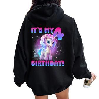 Its My 4Th Birthday Girl Unicorn Family Party Decorations Women Oversized Hoodie Back Print - Seseable