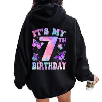 It's My 7Th Birthday Butterfly Theme 7 Year Old Party Girl Women Oversized Hoodie Back Print - Seseable
