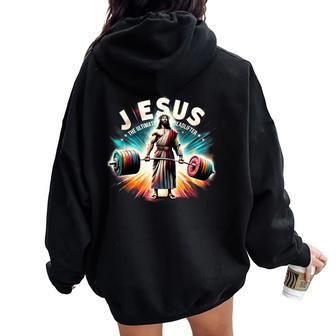 Jesus The Ultimate Deadlifter Retro Jesus Christian Workout Women Oversized Hoodie Back Print | Mazezy CA