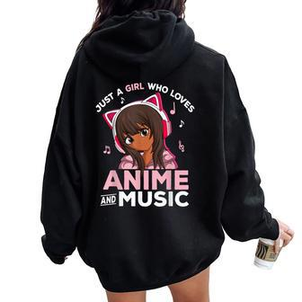 Just A Girl Who Loves Anime And Music Black Girl Anime Merch Women Oversized Hoodie Back Print - Monsterry