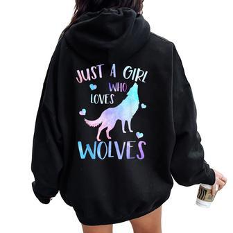 Just A Girl Who Loves Wolves Watercolor Cute Wolf Lover Women Oversized Hoodie Back Print - Thegiftio UK