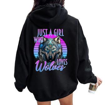 Just A Girl Who Loves Wolves Wolf Purple & Blue Sunset Women Oversized Hoodie Back Print - Monsterry AU