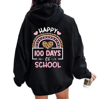 Leopard Rainbow Happy 100Th Day School Cute 100 Days Teacher Women Oversized Hoodie Back Print - Thegiftio UK