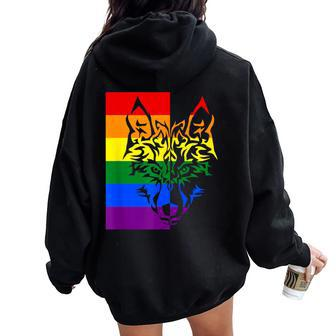 Lgbtq Rainbow Flag Tribal Wolf Pride Month Equal Women Oversized Hoodie Back Print - Monsterry