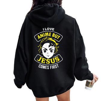 I Love Anime But Jesus Comes First Christian Japan Yellow Women Oversized Hoodie Back Print - Thegiftio UK