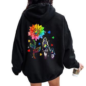 Love Needs No Words Autism Awareness Puzzle Sunflower Mom Women Oversized Hoodie Back Print - Monsterry CA