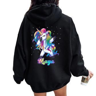 Maya Name Personalized Custom Rainbow Unicorn Dabbing Women Oversized Hoodie Back Print - Monsterry CA