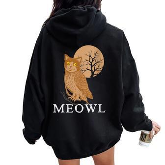 Meowl Cat Owl With Tree And Full Moon Women Oversized Hoodie Back Print - Monsterry CA