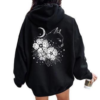 Mystic Cat With Moon And Flowers Astrology Esoteric Cat Women Oversized Hoodie Back Print - Monsterry CA